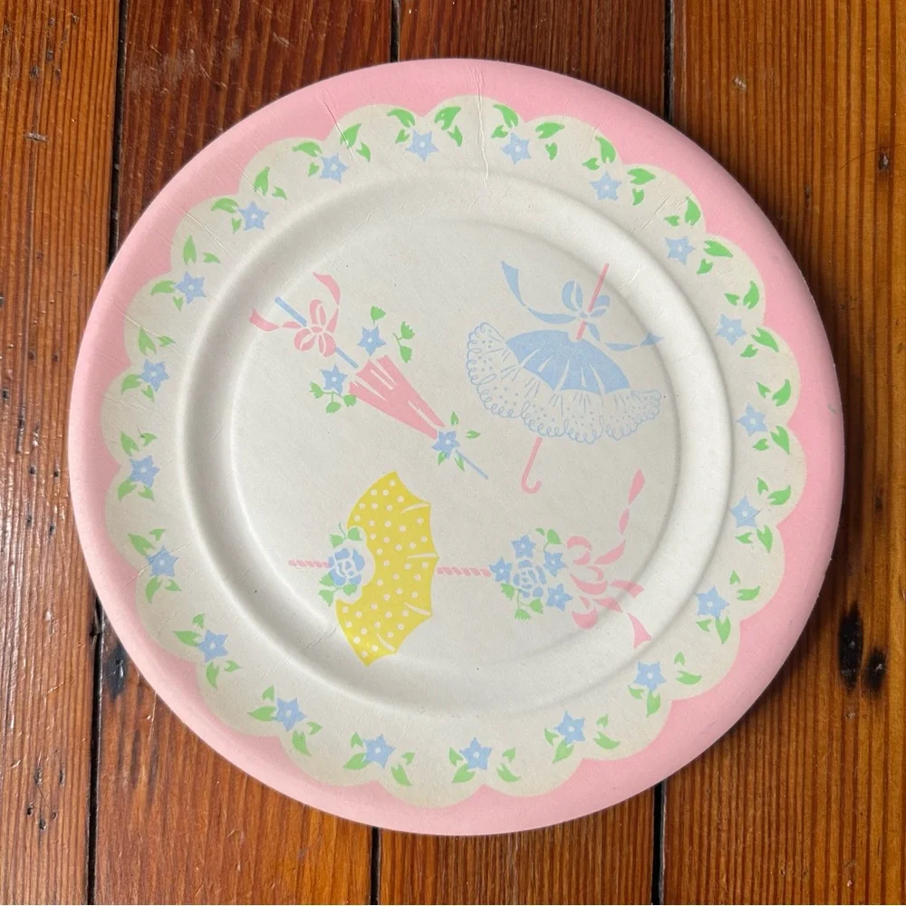 Vintage 70s baby shower parasol print paper plates